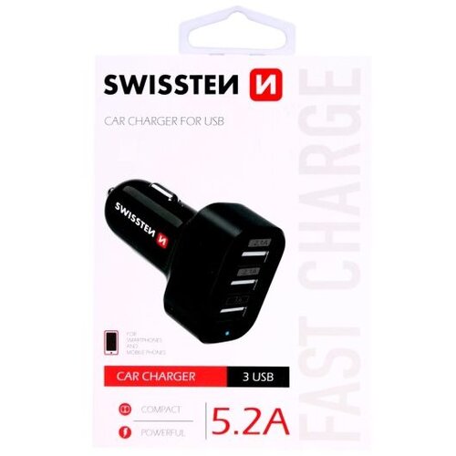 Swissten punjač za auto, 3xUSB, 5.2A, 12-24V crni Cijene