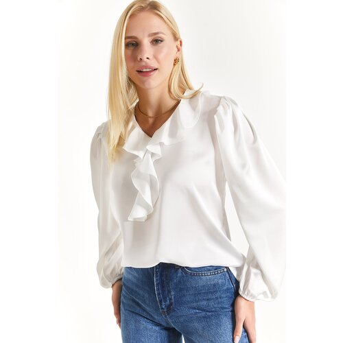 Armonika Women&amp;#039;s White Cotton Satin Blouse with Frills around the Shoulders and Elasticated Sleeves Slike