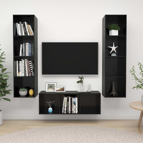 Sijaj 3-dijelni set TV ormarića visoki sjaj crni od iverice Slike