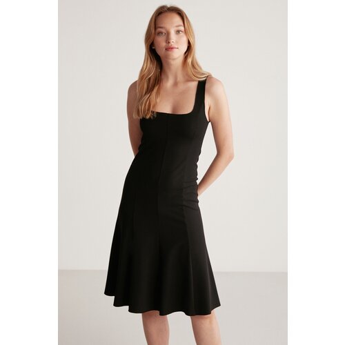 Grimelange Maggie Women&amp;#039;s Skater Waist Opening Pieced Skirt Square Neck Crepe Knitted Midi Dres Slike