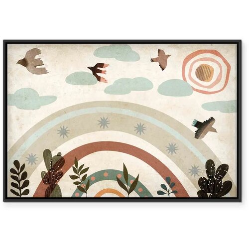  Slika - Rainbow and Sun Above - Birds in Subdued Colors Flying Among Clouds Above a Rainbow and Various Plants on a Light Backgr Slike