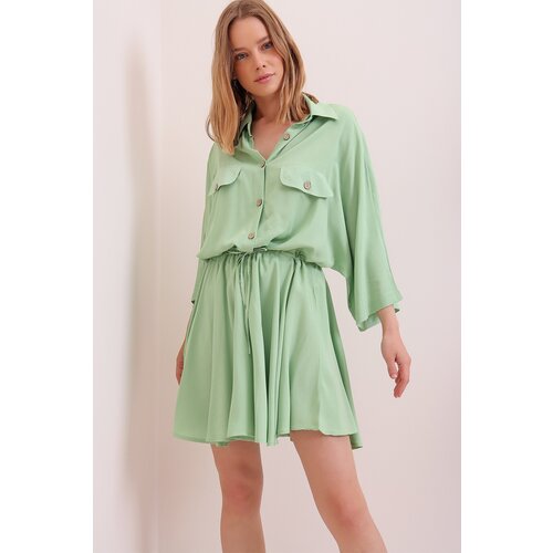 Trend Ala&amp;ccedil;atı Stili Women&amp;#039;s Green Safari Woven Shirt Dress Slike