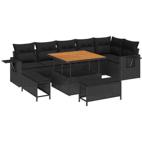 VidaXL 9-komadni Vrtni Sofa Set s Jastucima Crni Poli Ratan Akacija, 3-komadni Vrtni Set za Ručavanje s Jastucima Crni Poli Ratan Akacija Slike