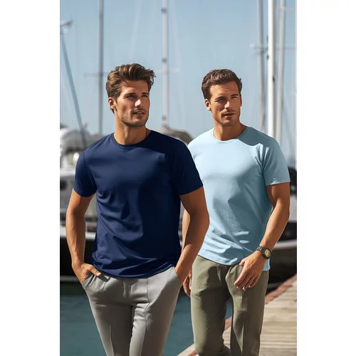 Trendyol Navy Blue-Blue Men's Basic Slim Fit 100% Cotton 2-Pack Short Sleeved T-Shirt