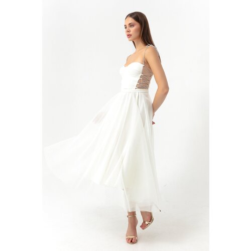 Lafaba Women&amp;#039;s White Stone Straps, Flare Cut Midi Evening Dress Slike