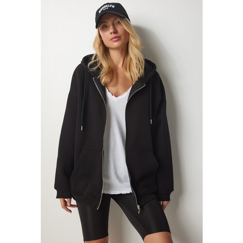 Women&amp;#039;s Black Hoodie with Zipper Oversized Sweatshirt Slike