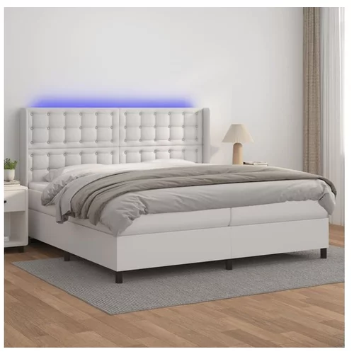  Box spring postelja z vzmetnico LED bela 200x200cm umetno usnje