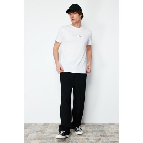 Trendyol Men's White Regular/Normal Fit Text Printed 100% Cotton Label Appliqué T-shirt Cene