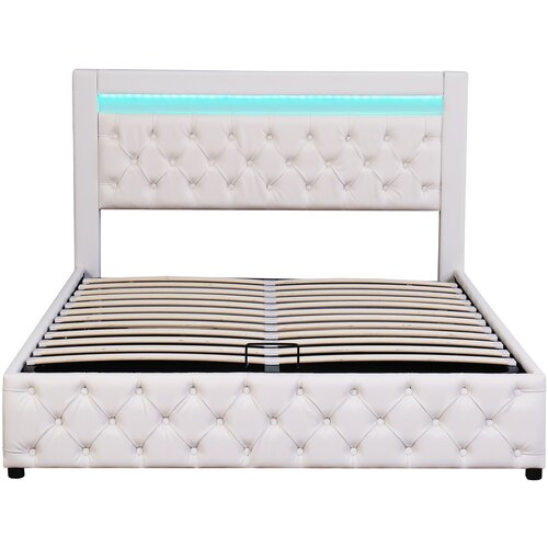 Lumor Oblazinjena postelja s predalom iz umetnega usnja z LED – 140x200 cm – z letvenim dnom – bela, (22151032) Cene