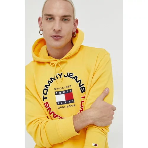 Tommy Jeans Bombažen pulover moška, rumena barva, s kapuco