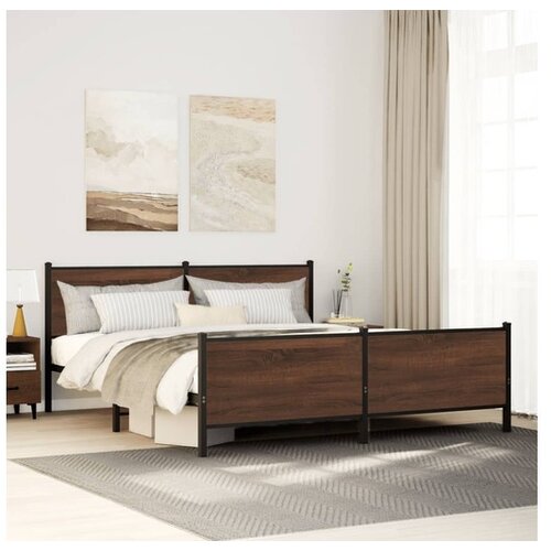 VidaXL Kovinski posteljni okvir brez vzmetnice rjavi hrast 193x203 cm Slike