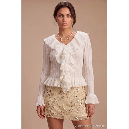 TRENDYOLMILLA Trendyol ženski duks Ecru V-Neck Ruffled Spanish Sleeve Knitwear Cardigan Twoaw27Hi00158 Cene
