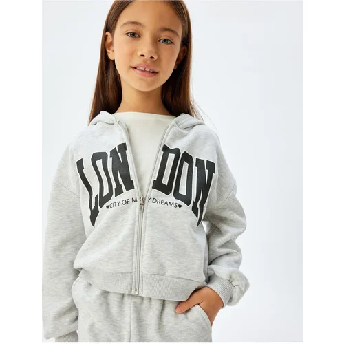 Koton Zippered Crop Sweatshirt Hooded Printed Detailed Raised