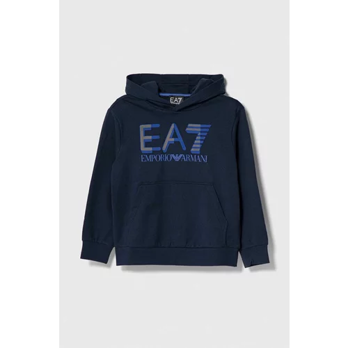Ea7 Emporio Armani Otroški bombažen pulover mornarsko modra barva, s kapuco