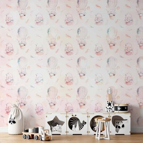  Foto tapeta - Solid pattern with feathers - hares in a basket and in a balloon for children 200x140 Premium Cene