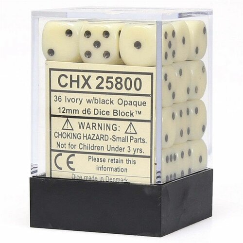 Chessex kockice - opaque - ivory & black - dice block (36) 12mm Slike
