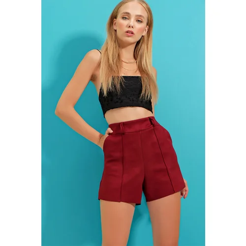 Trend Alaçatı Stili Women's Claret Red High Waist Double Pockets Stitched Front Suede Shorts