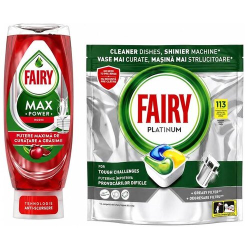 Fairy Kapsule za pranje sudova Platinum 113 kom + Tečni deterdžent Max power Pomegranate 545ml Cene