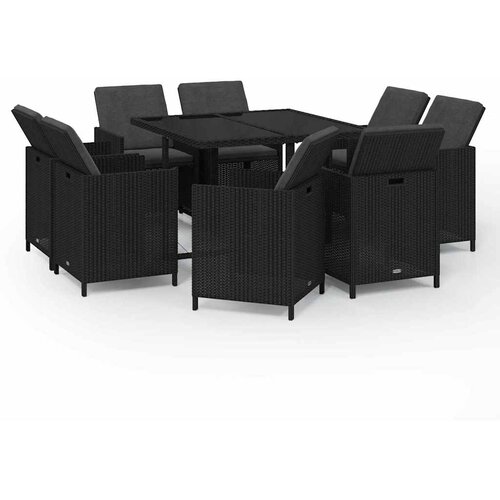  9-dijelni vrtni blagovaonski set s jastucima crni od poliratana Crna Dužina stola 109 cm Slike