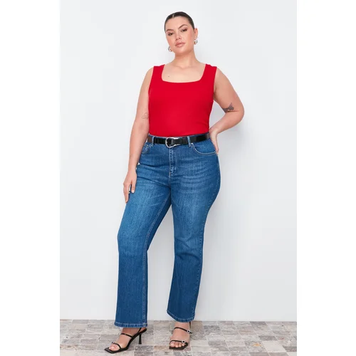 Trendyol Curve Red Square Neck Plain Basic Camisole Plus Size Undershirt