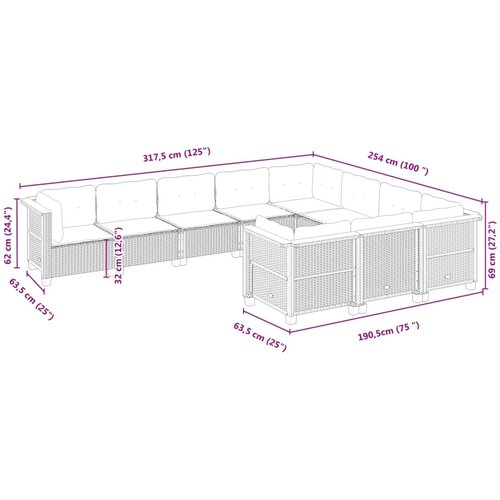  10-dijelni set vrtnih sofa s jastucima bež od poliratana 63.5 x 63.5 x 62 cm Slike