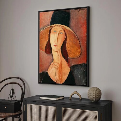  Slika - Amedeo Modigliani &amp;ndash; Portrait of Jeanne Hebuterne in a Large Hat 80x120 U crnom drvenom okviru Slike