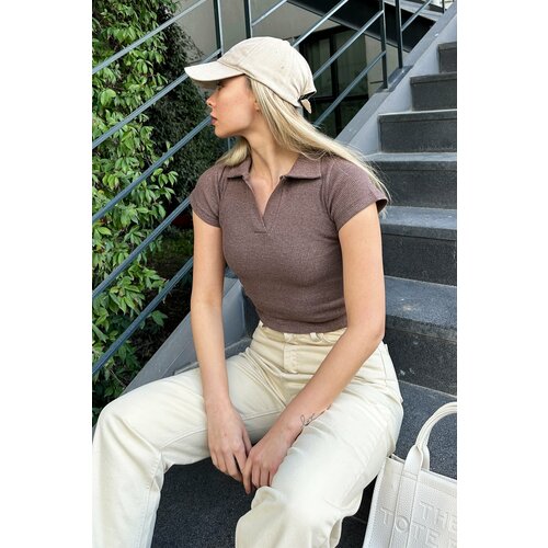 Trend Alaçatı Stili Women's Light Brown Polo Neck Basic Crop Blouse Slike