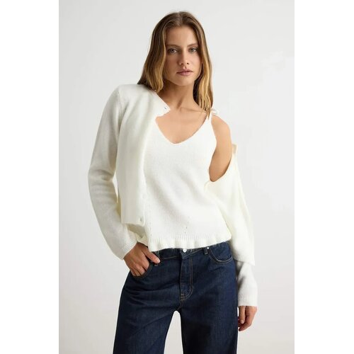 TRENDYOLMILLA Trendyol ženski set haljina Ecru Skirted Ruffled Athlete-Cardigan Knitwear, ecru Cene
