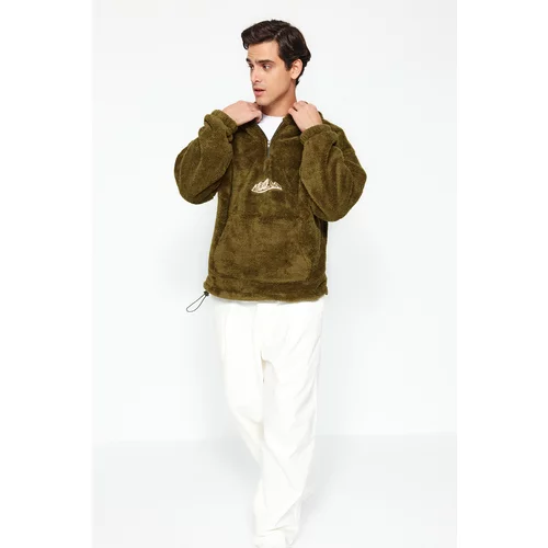 Trendyol Khaki Men's Oversize/Wide-Fit Zippered Hoody, Embroidered Mountains with Pockets, Thick Fleece/Plush Sweatshirt.