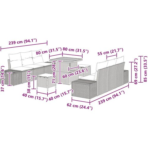  Sjedeća garnitura za vrt 9 kom. Crna poliratan 239 x 62 x 85 cm Slike