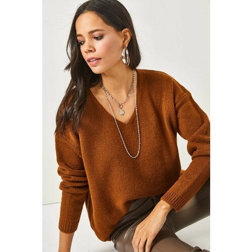 Olalook Women's Bitter Brown V-Neck Soft Textured Knitwear Sweater Cene