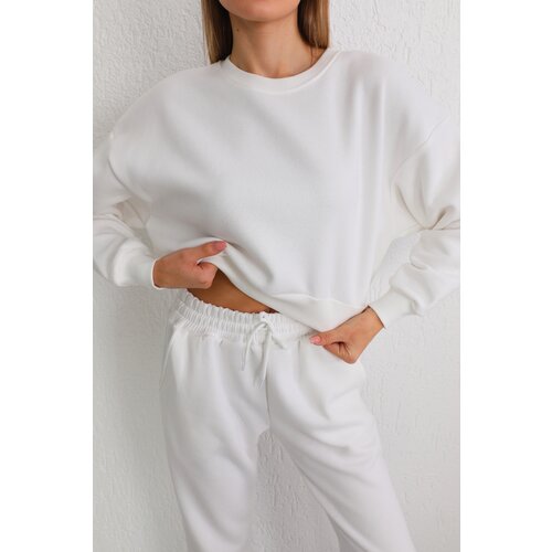 BİKELİFE Women&amp;#039;s White Oversize Crop Sweatshirt Slike