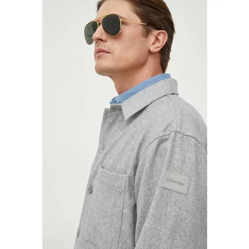 Calvin Klein Vunena košulja boja: siva, relaxed, s klasičnim ovratnikom