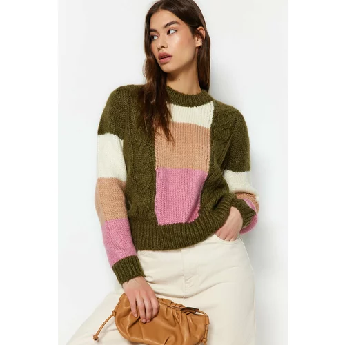 Trendyol Khaki Soft Textured Color Block Crew Neck Knitwear Sweater