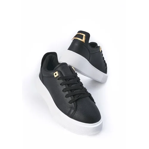 Marjin Women's Sneakers Thick Sole Gold Buckle Detail Lace-Up Sneakers Rofke Black.