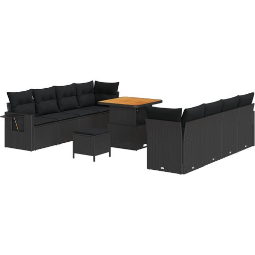 VidaXL 11 delni vrtni sofa komplet z blazinami Črn poli ratan akacija, 3-delni vrtni jedilni set z blazinami Črn poli ratan akacija Slike