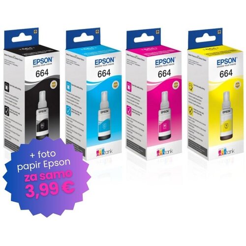 Epson Komplet črnil T664 (BK/C/M/Y), original + foto papir Cene