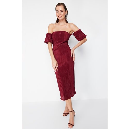 Trendyol burgundy sleeve detailed pleated knitted elegant evening dress Slike