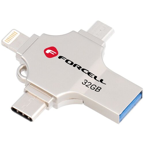 Forcell F-DATA Metal Quad 32 GB USB flash USB 3.2 Gen 1 (USB A/Type C/Lightning/Micro USB) srebrni Slike
