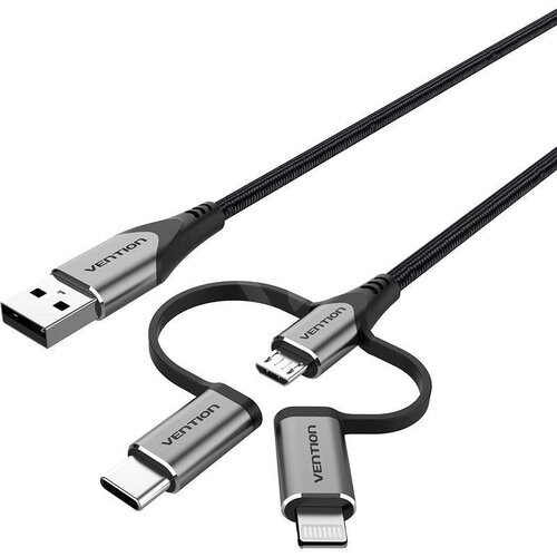 Vention USB 2.0 A Male to 3-in-1 Micro-B USB-C Lightning Male Cable 1,5m, Gray Cene
