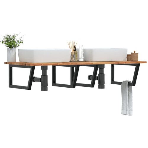  Zidna polica za umivaonik od čelika i masivnog bagremovog drva Smeđa 120 x 60 x 2 cm Slike