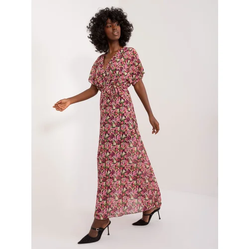 Fashion Hunters Black and pink long women's dress with floral patterns