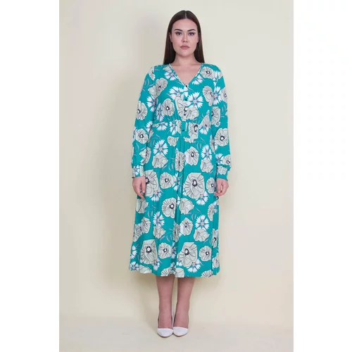 Şans Women's Plus Size Green Elastic And Ornamental Button Detailed Viscose Flower Patterned Dress