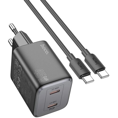 Hoco. zidni punjač 2 x Type-C + kabel Type-C do Type-C PD QC 45W GaN N42 crni Slike