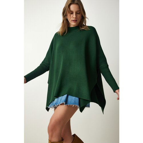 Happiness İstanbul Women's Emerald Green Side Slit Oversize Poncho Sweater Slike