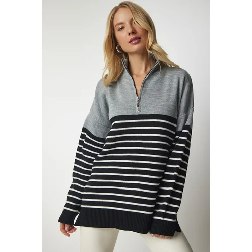  Women's Gray Black Striped Zipper Stand Up Collar Knitwear Sweater