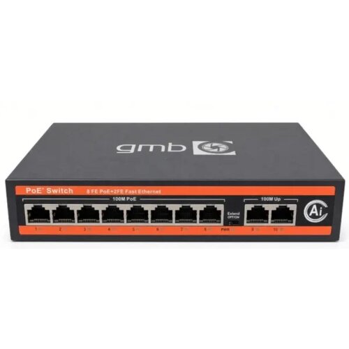 Gembird gmb poe switch FS1010P,IEEE802.3af/at, 8 poe 10/100M, 2 up-link 100/100M, 52V 120W,30W/PoE,VLAN 250m Slike