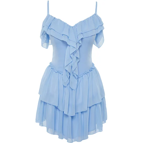 Trendyol Blue Waist Opening/Skater Ruffle Chiffon Dress