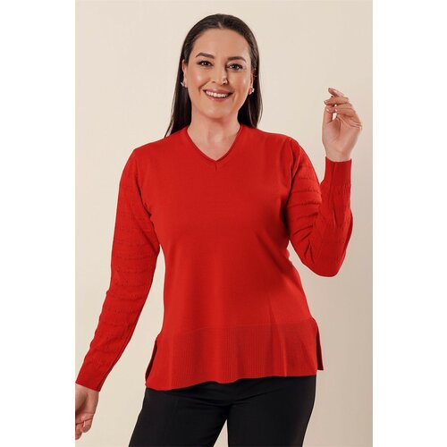 By Saygı V-neck Acrylic Sweater with Models with Sleeves and Slits in the Sides, Plus Size Coral. Slike