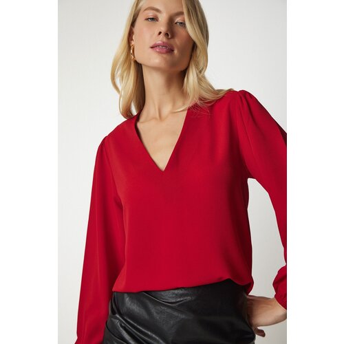 Happiness İstanbul Women's Red V-Neck Crepe Blouse Slike